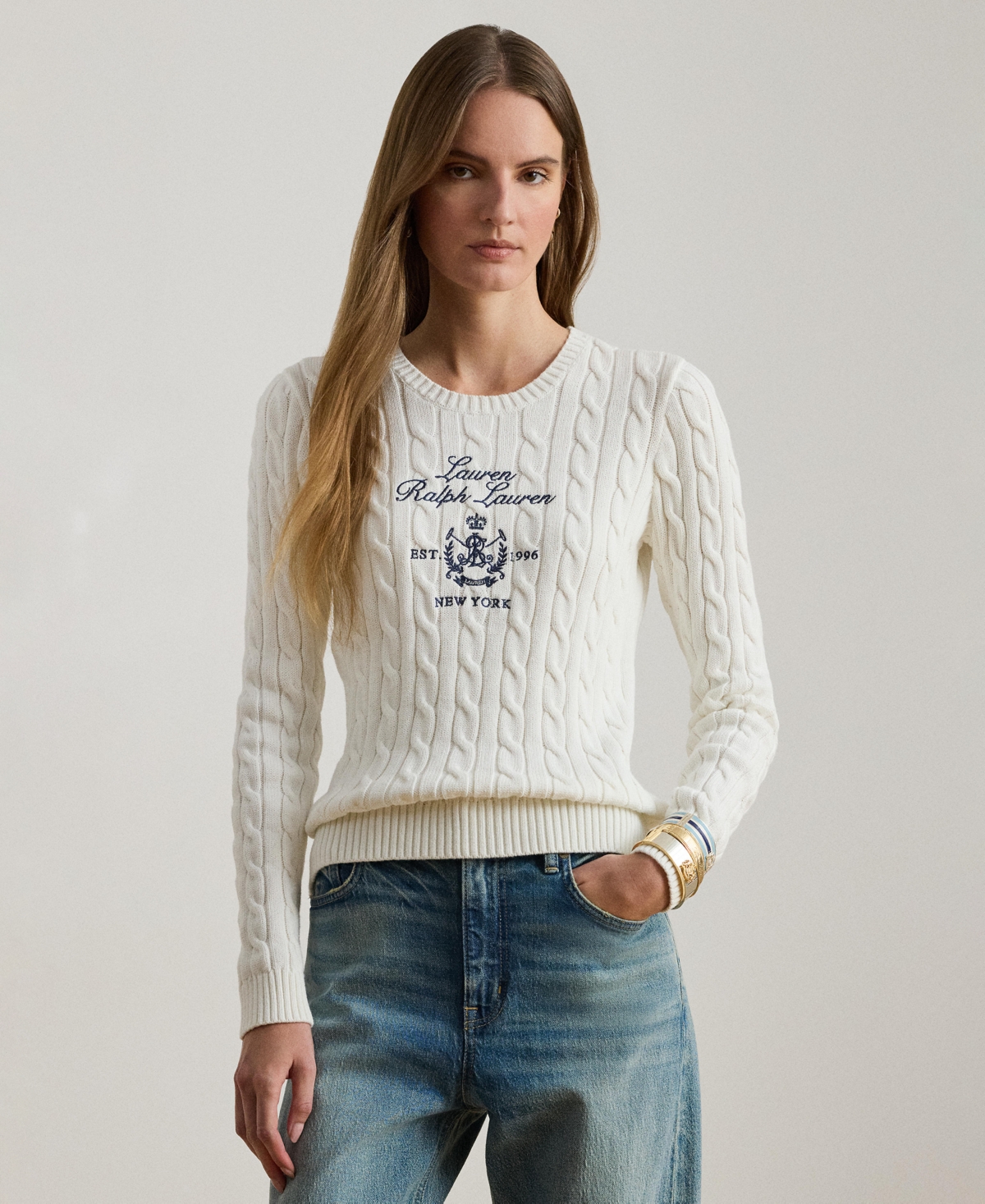 Ralph Lauren Women's Embroidered-crest Cable-knit Sweater In White