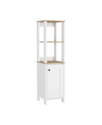 Linen Cabinet with Two Interior Shelves and Two Open Shelves Single Door Freestanding Storage Organizer for Bathroom or Living Room