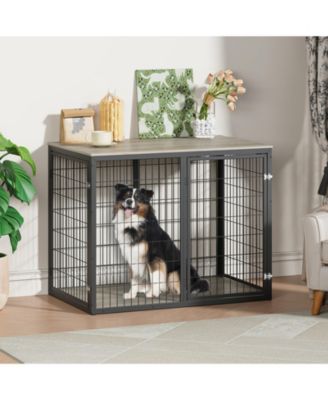 47 Inch Dog Crate Dog Cage Furniture with 3 Doors for Large and Medium Dogs Grey Durable Wooden Dog Kennel
