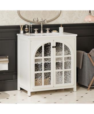 31 Inch Bathroom Vanity with Ceramic Sink Faux Aged Finish Vintage Rustic Bathroom Cabinet with Bronze Pulls and 2 Soft Closing Doors