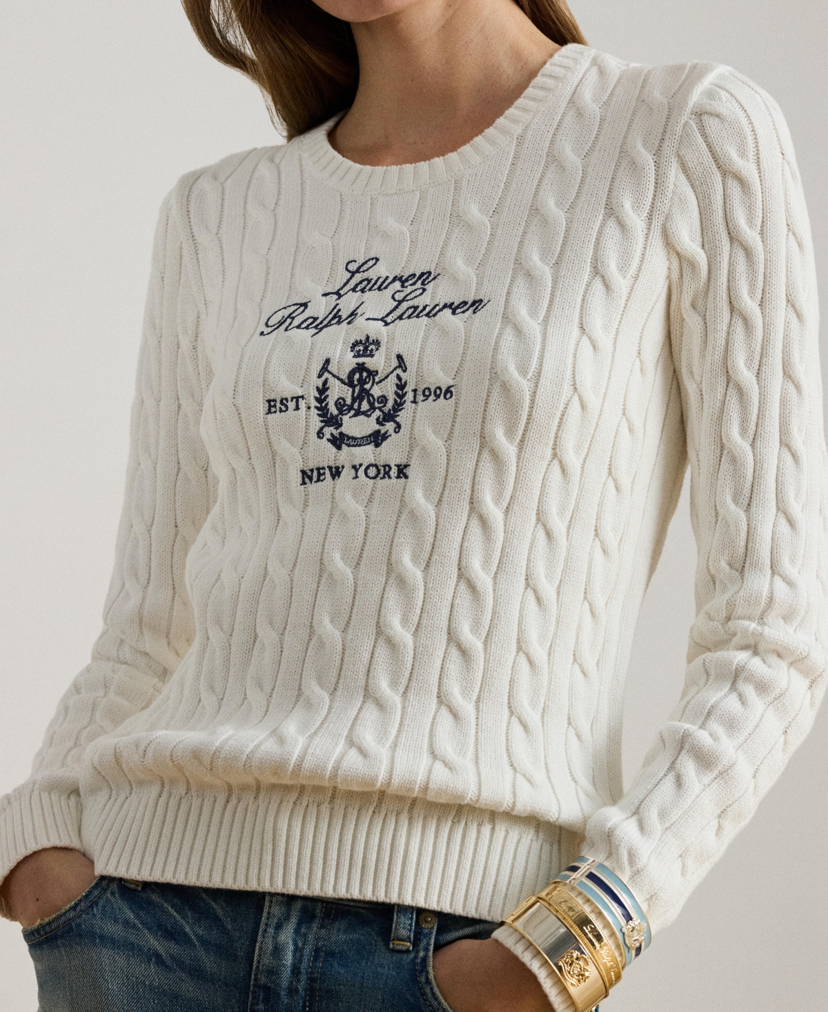 Lauren Ralph Women's Embroidered-Crest Cable-Knit Sweater