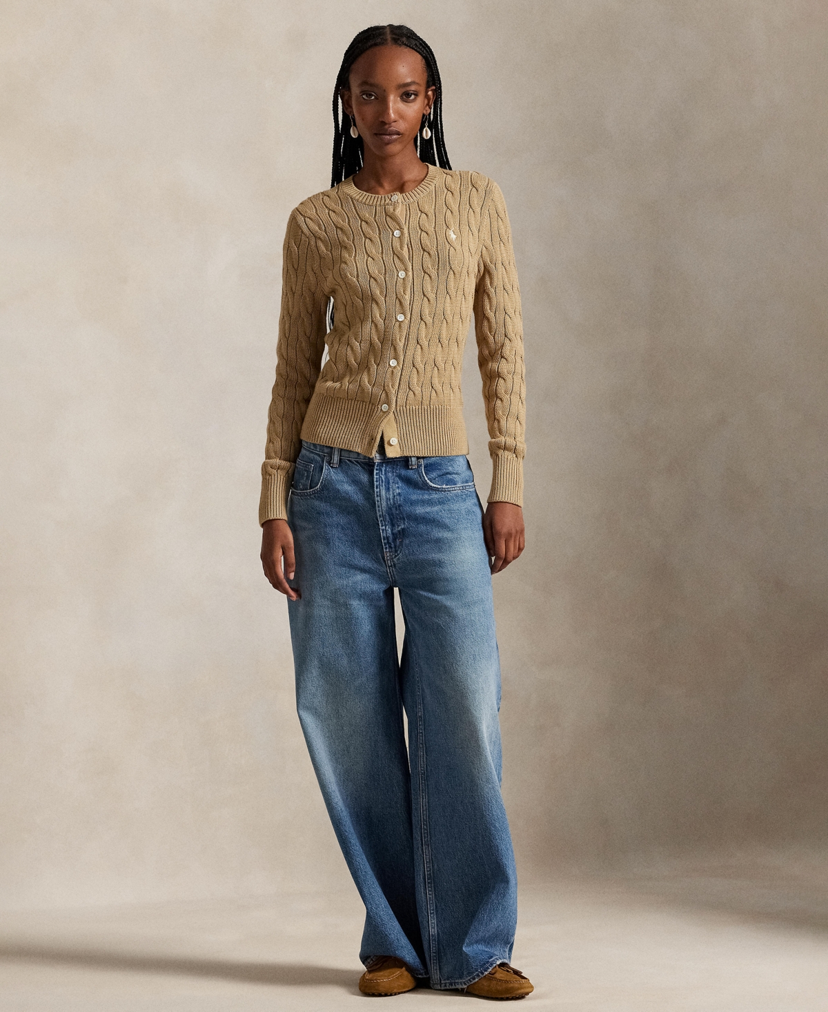 Polo Ralph Lauren Women's Cable-knit Cotton Crewneck Cardigan Sweater In Brown