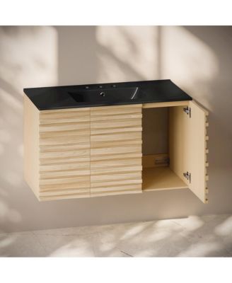 Wall-Mounted Bathroom Vanity, Natural Oak, Black 3-Hole Widespread Sink Top