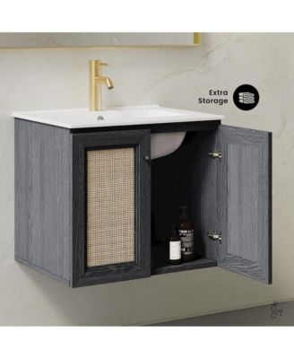 24" Wall-Mounted Bathroom Vanity in Black Oak with Single Faucet Hole Vanity Top