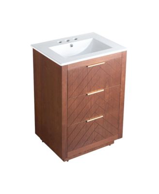 24" Freestanding Bathroom Vanity in Brown Oak with 3-Hole Centerset Sink Top