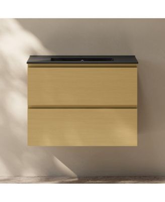 Liberte 30" Wall-Mounted Bathroom Vanity in Natural Oak with Black Sink Top