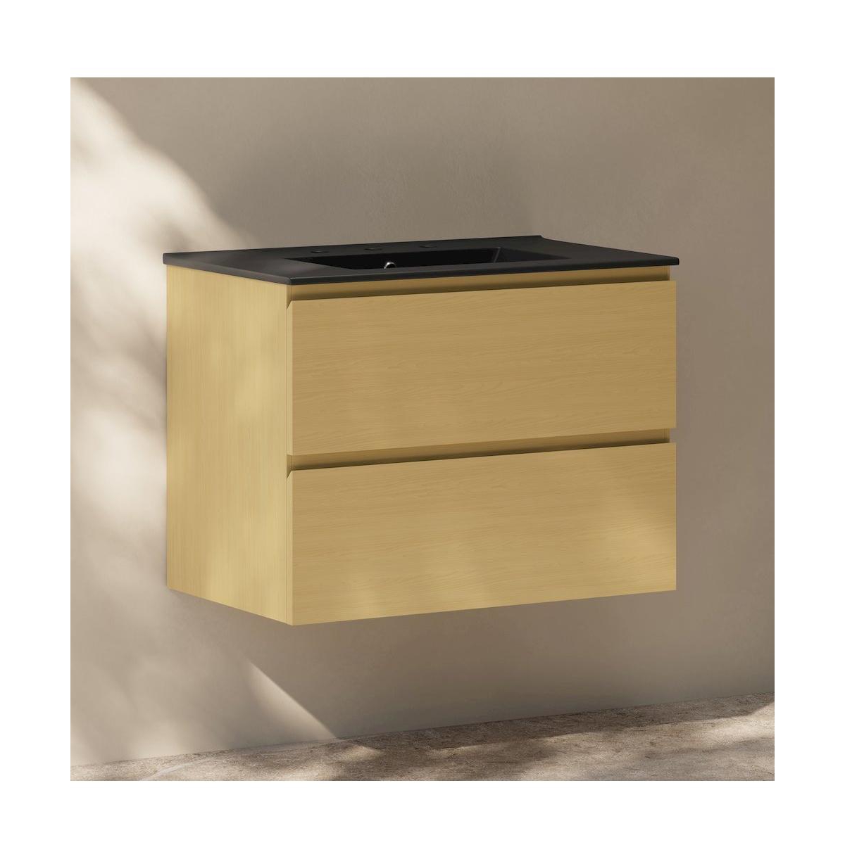 Swiss Madison 30" Freestanding Bathroom Vanity, Natural Oak, Black 3-Hole Widespread Sink Top