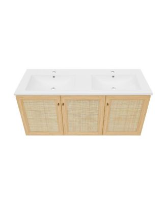 48" Wall-Mounted Bathroom Vanity in Natural Oak with Double Basin Sink Top