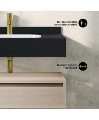 Avancer 36" Wall-Mounted Bathroom Vanity in White Oak with Black Marble Sink Top