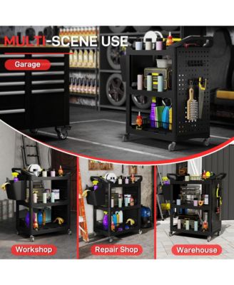 3-Tier Rolling Tool Cart, Utility Cart with Side Shelf & Hook