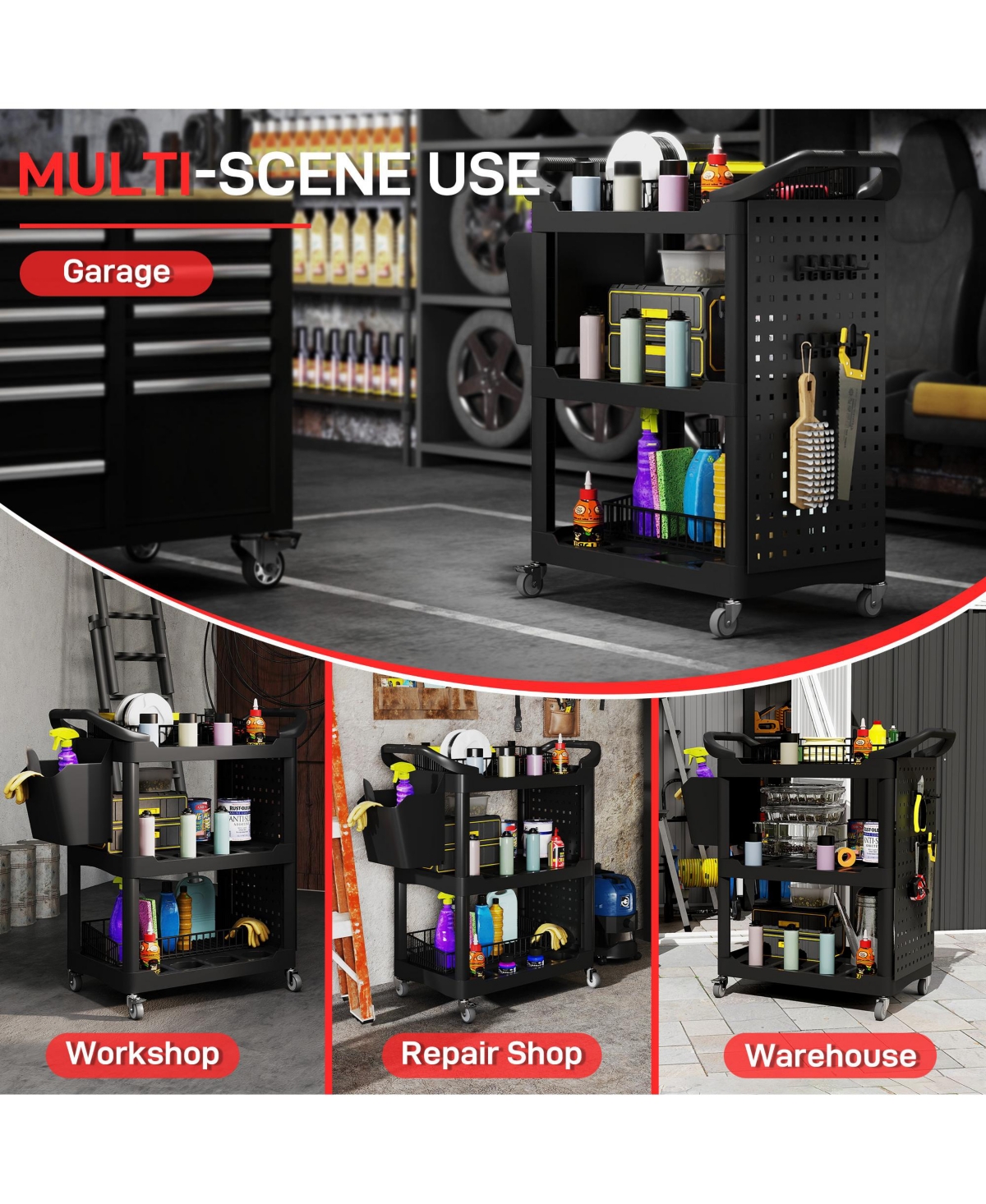 Homcom 3-Tier Rolling Tool Cart, Utility Cart with Side Shelf & Hook