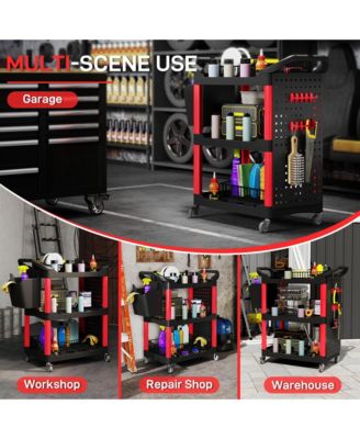 3-Tier Rolling Tool Cart, Utility Cart with Side Shelf & Hook