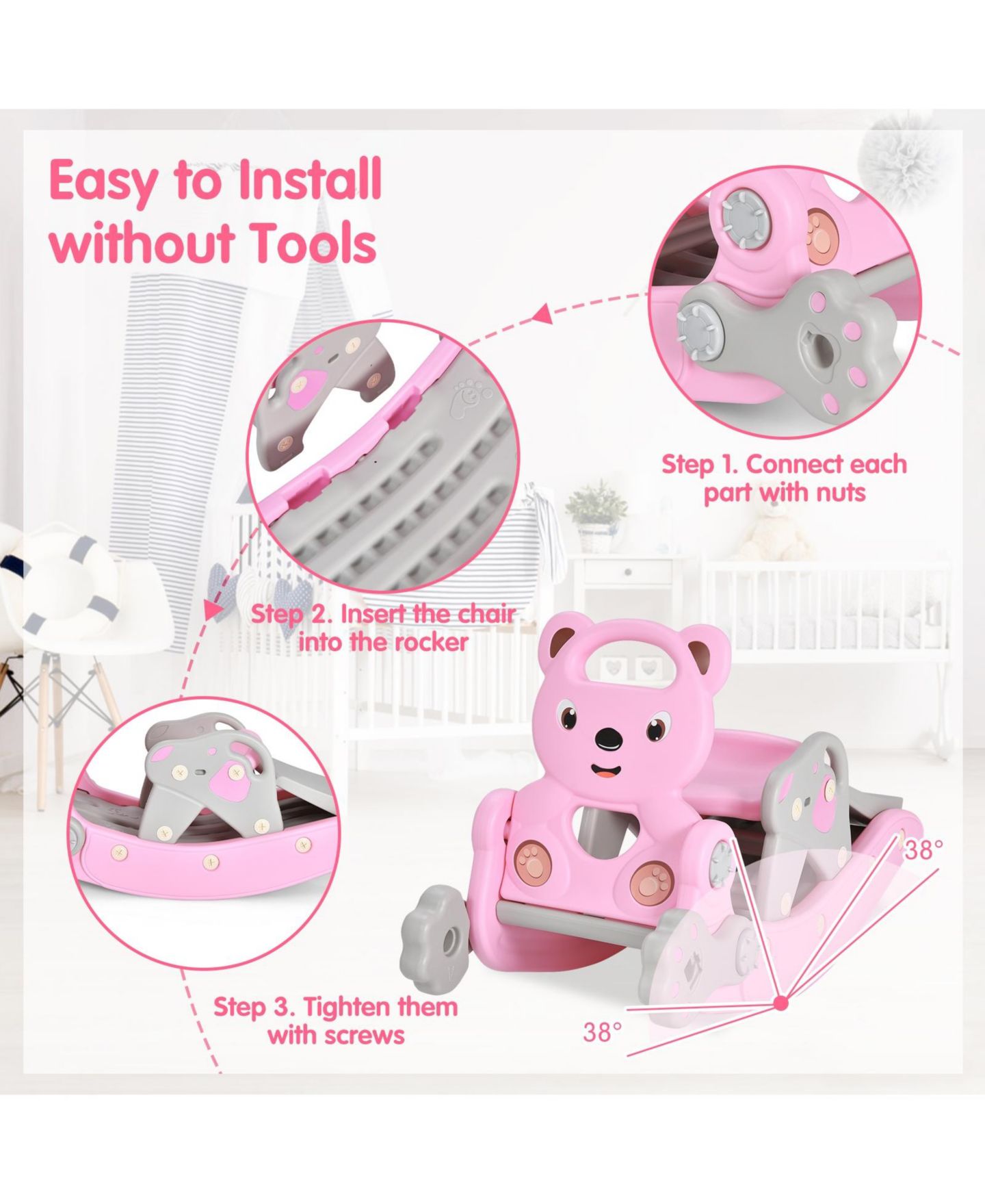Детский игровой набор Mecale 4-in-1 Toddler Slide and Rocking Horse Playset with Basketball Hoop, Ages 1-5, цвет: Розовый — фото 8