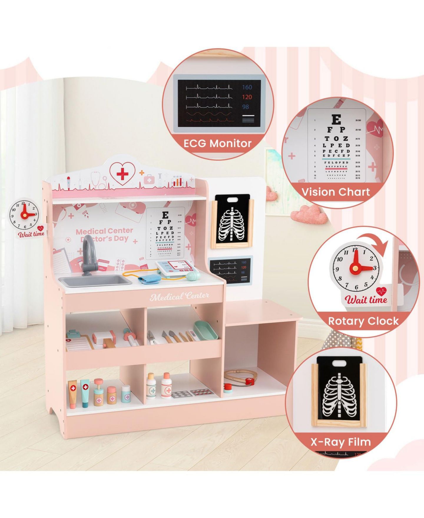 Детский игровой набор Mecale Doctor Wooden 24-Piece Playset, Ages 3+, цвет: Розовый — фото 7