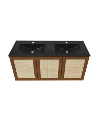 48" Wall-Mounted Bathroom Vanity in Brown Oak with Black Double Basin Sink Top