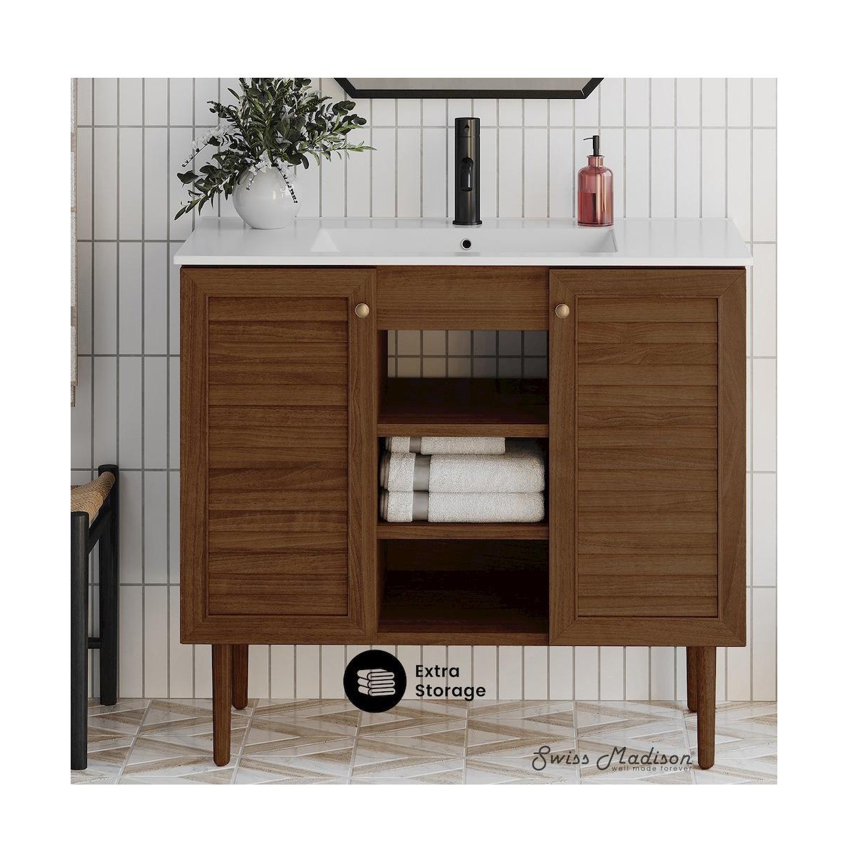 Swiss Madison Bron 36" Freestanding Bathroom Vanity in Brown Oak with Sink Top