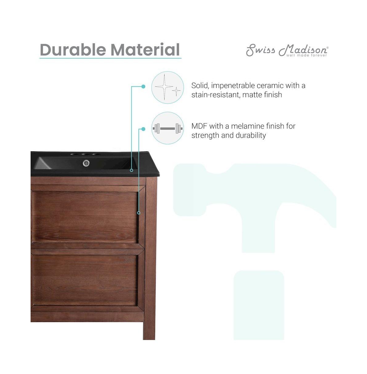 Swiss Madison Nadar 24 in. Brown Walnut Bathroom Vanity With Black, 3-Hole Ceramic Sink Top