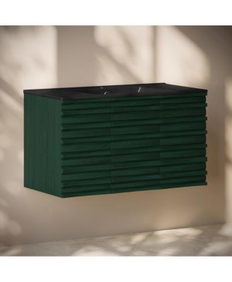 Cascade 36 " Wall-Mounted Bathroom Vanity in Green Oak with Black Sink Top