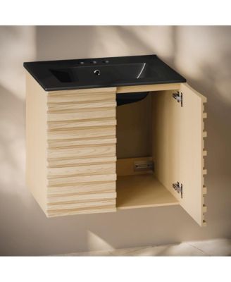 24" Wall-Mounted Bathroom Vanity in Natural Oak, Black 3-Hole Centerset Sink Top