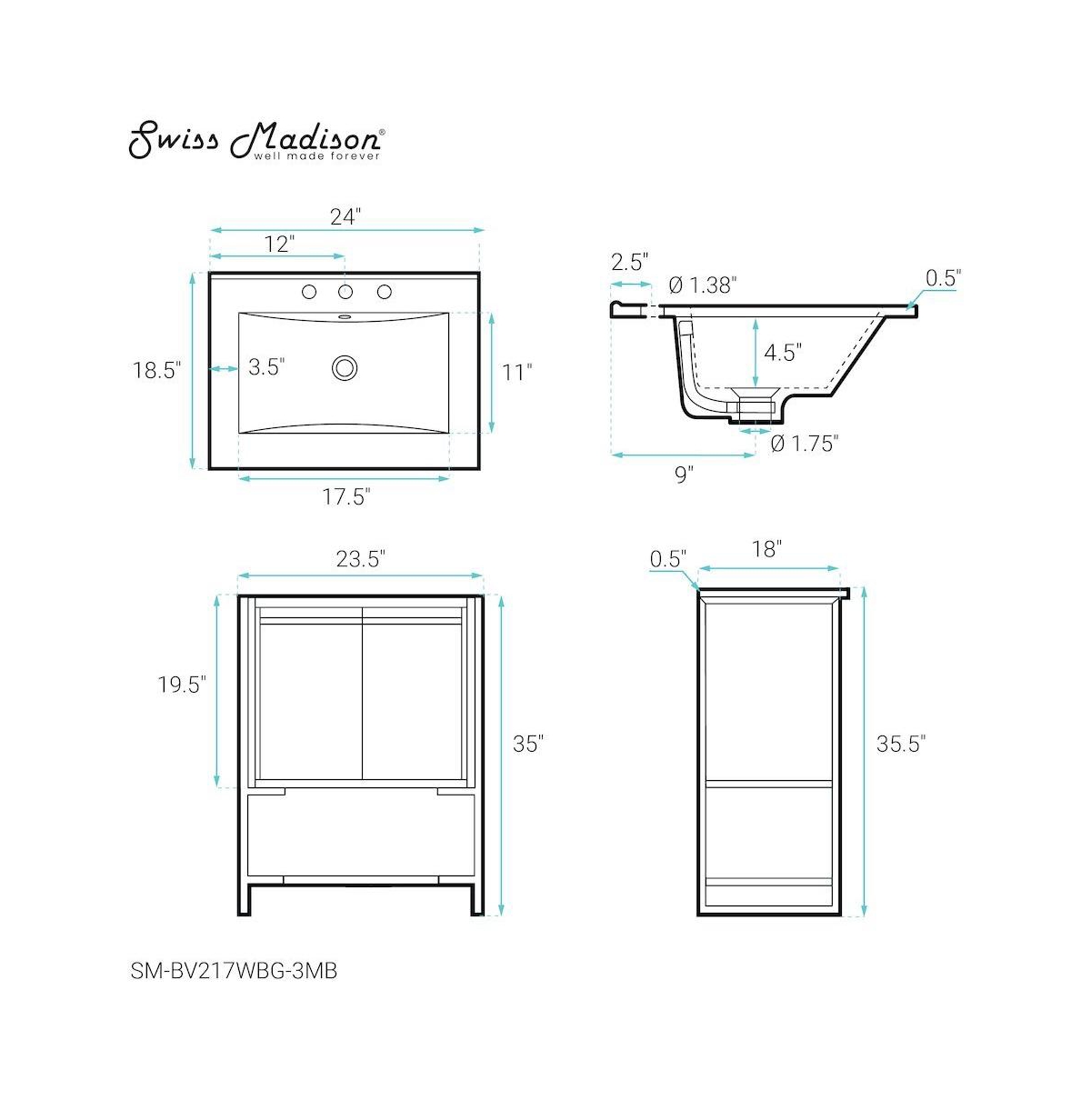 Marseille 24 in. White Bathroom Vanity With Black, 3-Hole Ceramic Sink Top