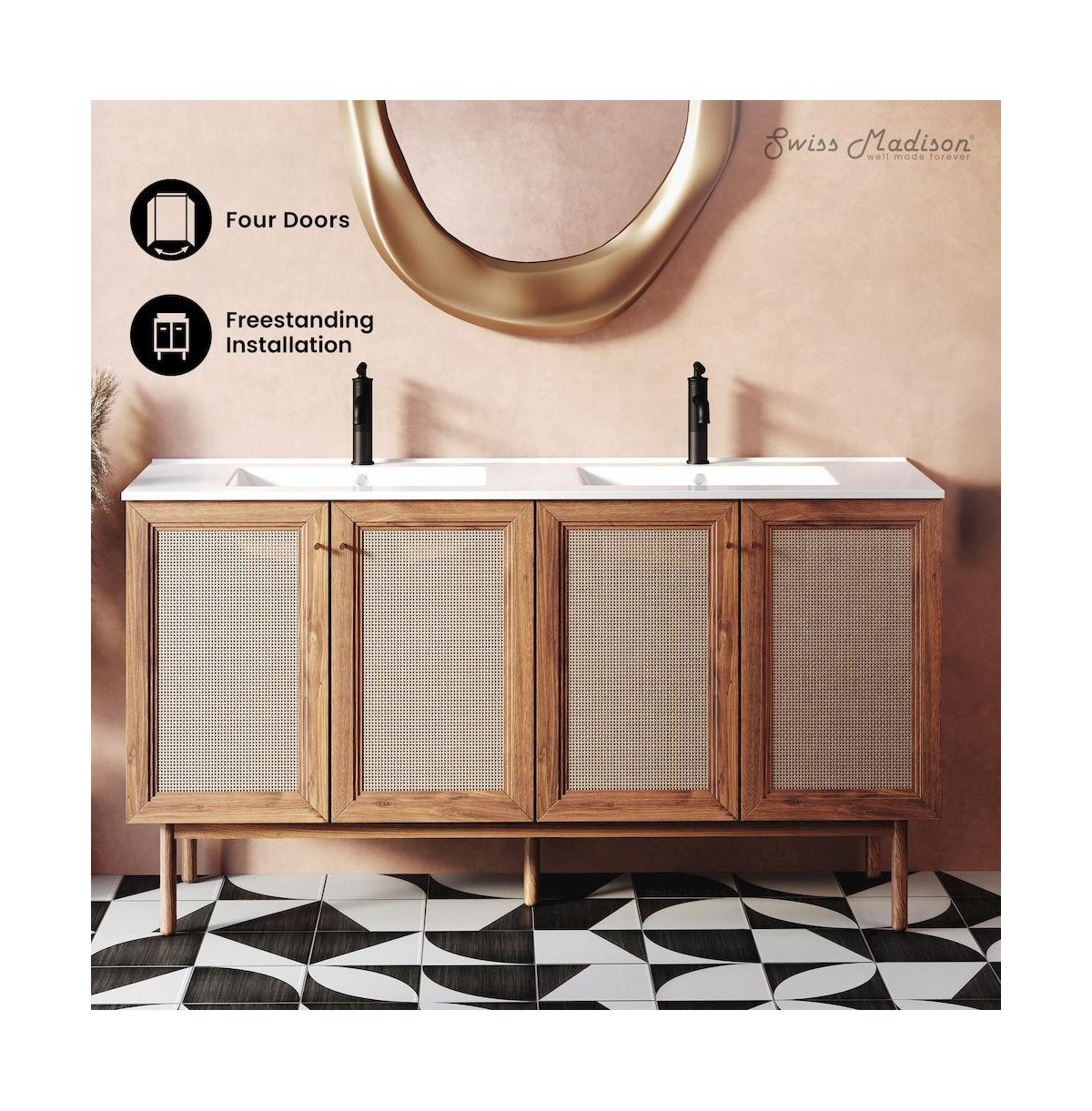 Swiss Madison Classe 60" Freestanding Bathroom Vanity in Golden Oak with Double Basin Sink Top