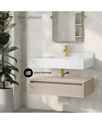 Avancer Wood 36" Wall-Mounted Bathroom Vanity with White Marble Sink Top