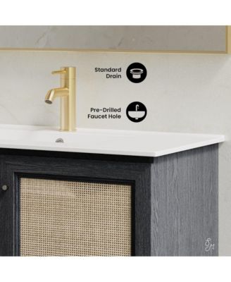 36" Wall-Mounted Bathroom Vanity in Black Oak with Single Faucet Hole Vanity Top