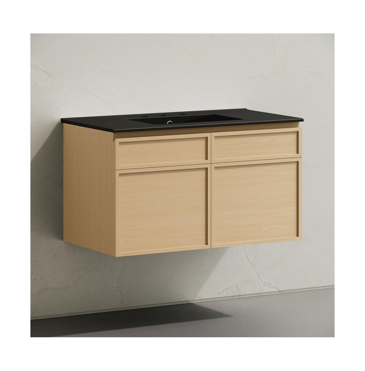 Swiss Madison 36" Wall-Mounted Bathroom Vanity, Natural Oak, Black 3-Hole Widespread Sink Top