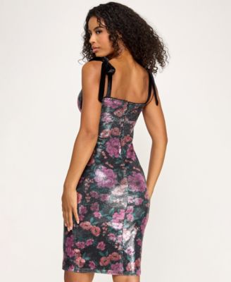 Juniors' Velvet Shoulder Tie Floral Sequin Dress