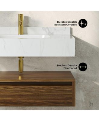 Avancer 36" Wall-Mounted Bathroom Vanity in Brown Oak with White Marble Sink Top