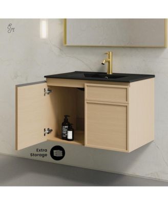 St. Tropez 30" Wall-Mounted Bathroom Vanity in Natural Oak with Black Sink Top