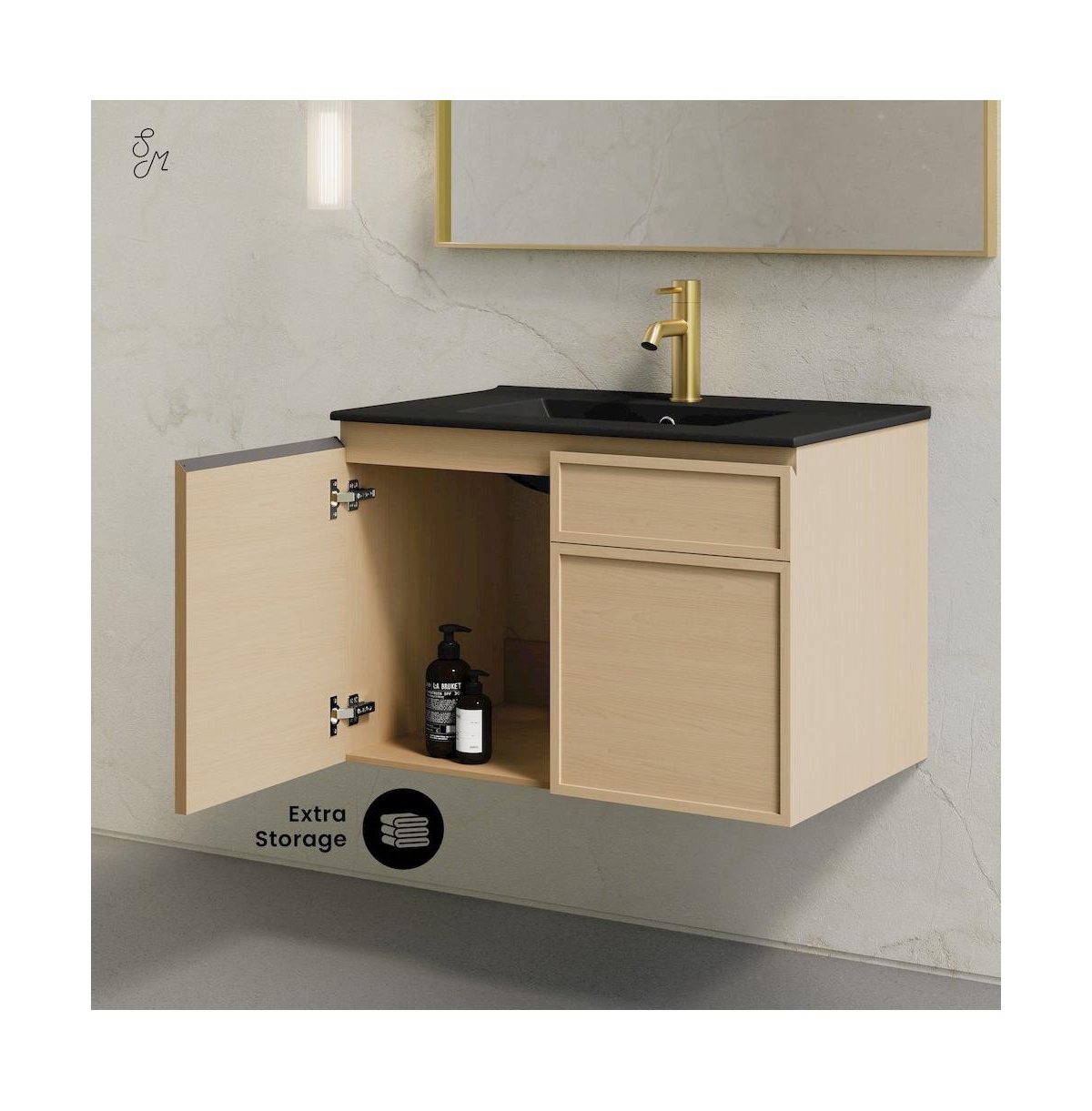 St. Tropez 30" Wall-Mounted Bathroom Vanity in Natural Oak with Black Sink Top
