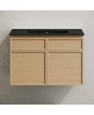 30" Wall-Mounted Bathroom Vanity, Natural Oak, Black 3-Hole Widespread Sink Top