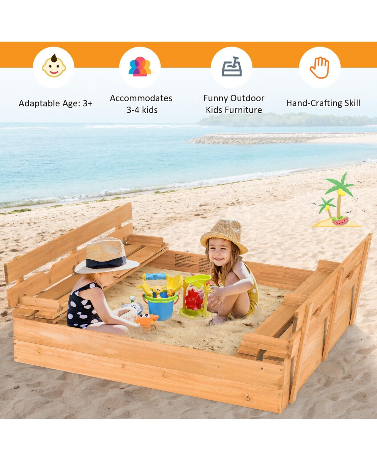 Kids Wooden Sandbox with 2 Foldable Bench Seats