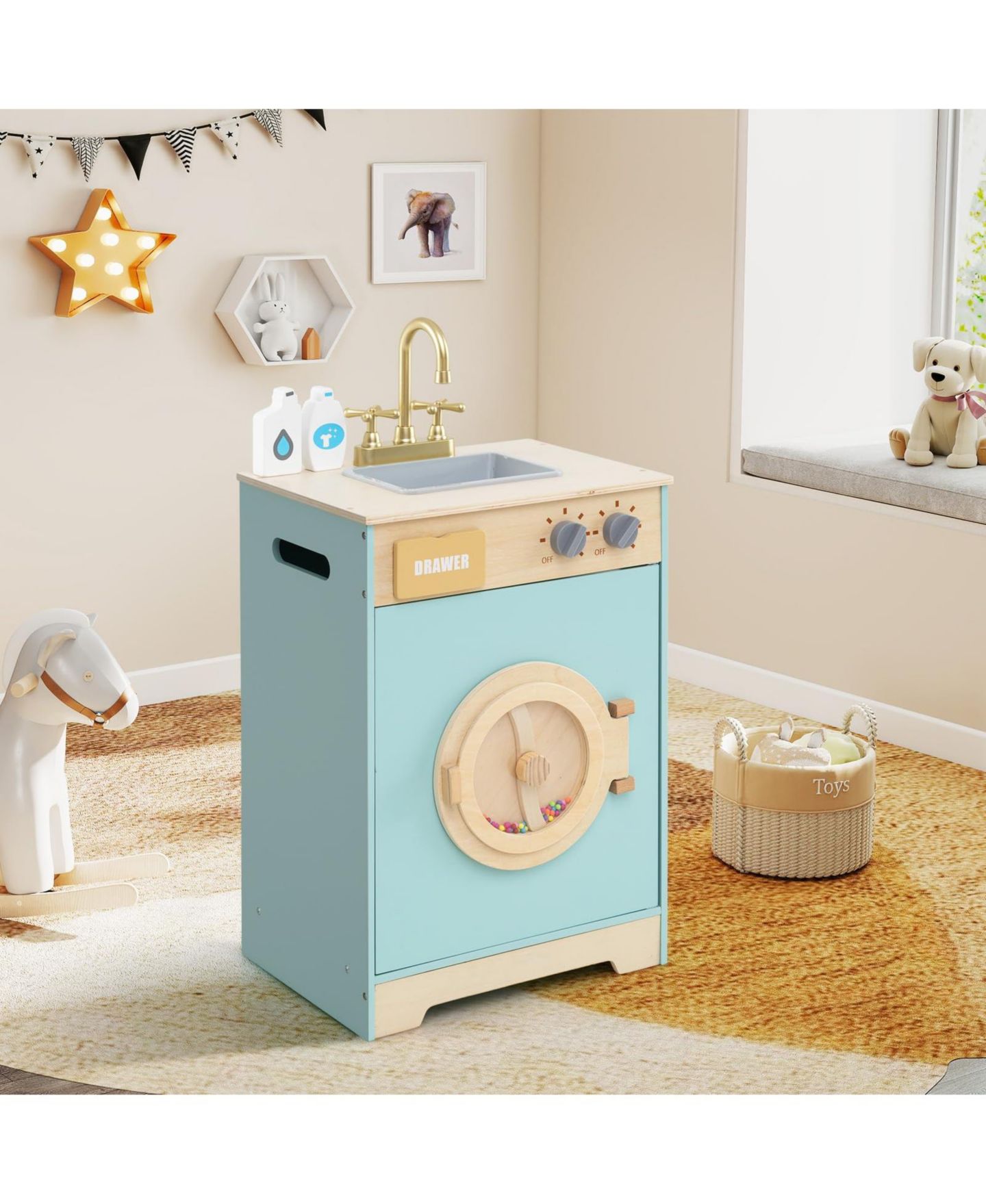 Детский игровой набор Mecale Wooden Washing Machine Playset with Realistic Sounds, 3-Piece, Ages 3+, цвет: Синий — фото 2