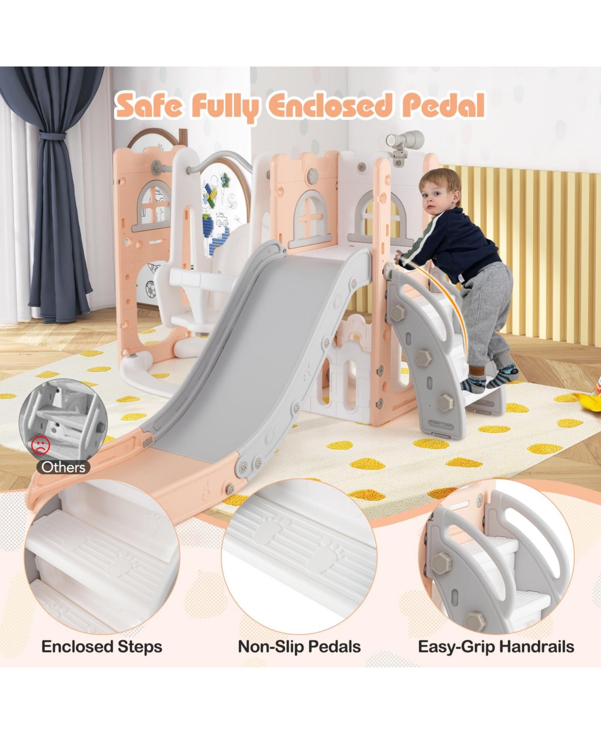 7-in-1 Toddler Swing and Slide Set L-shaped with Ladder and Basketball Hoop