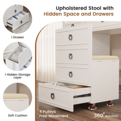 Vanity Desk with Mirror & Lights, Charging Station, Drawers & Chair