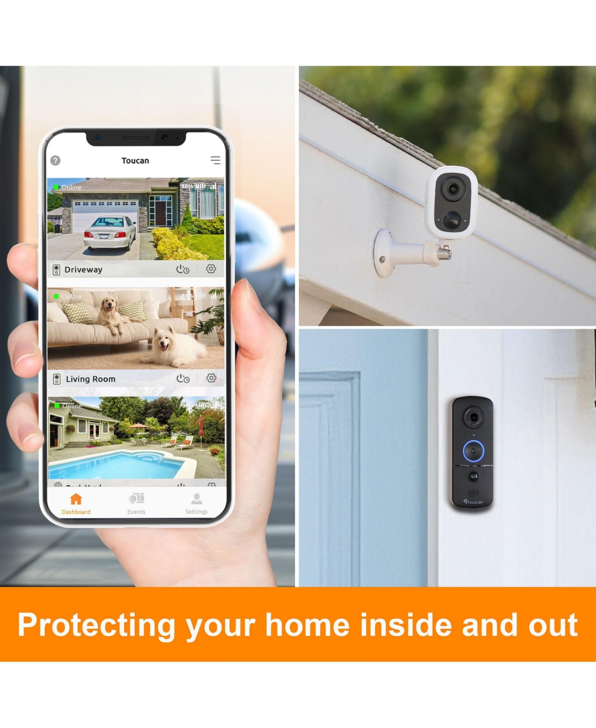 Toucan Wireless Security Camera S4 3-Pack and Wireless Video Doorbell V3 Bundle No Subscription Required