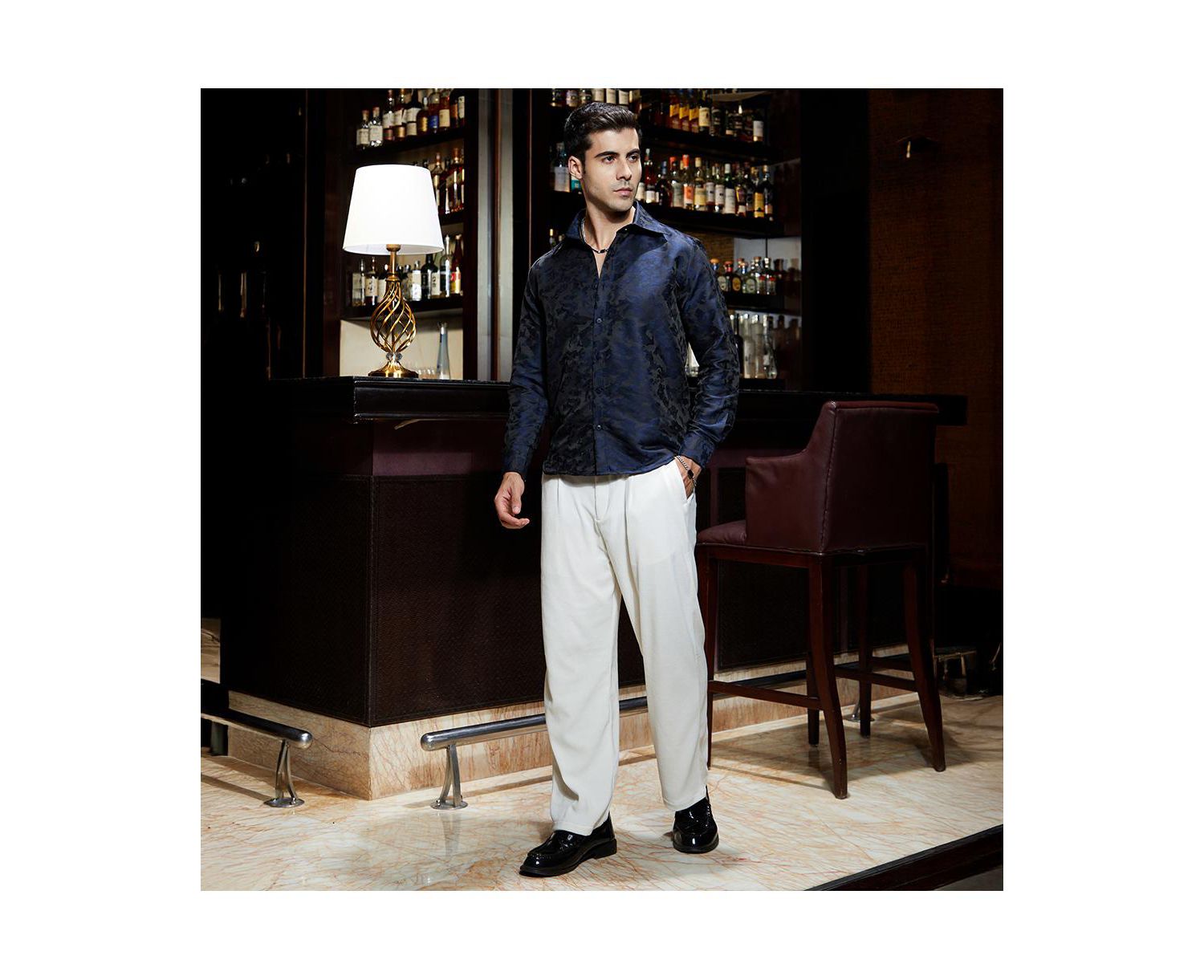 Men's Navy Blue Abstract-Woven Shirt