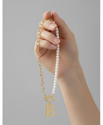 14K Gold Plated Toggle Clasp Initial Imitation Pearl Link Chain Necklace