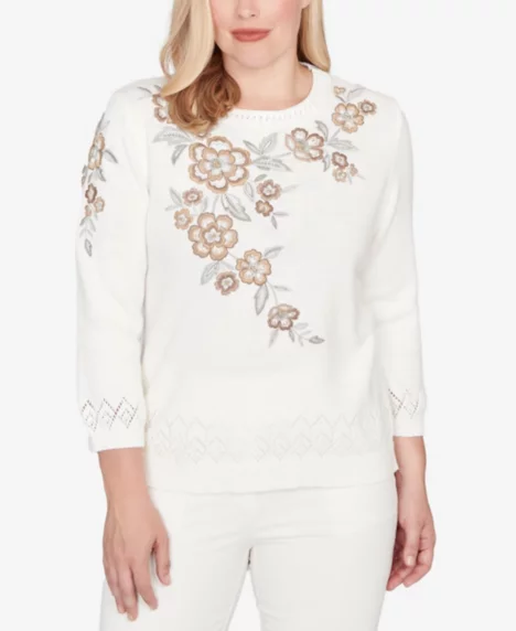 Women's Petite Vienna Floral Embroidered Sweater - Vanilla