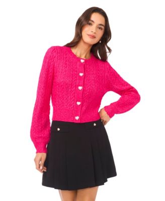 Women's Valentine's Crewneck Heart-Button Pointelle Cardigan Sweater