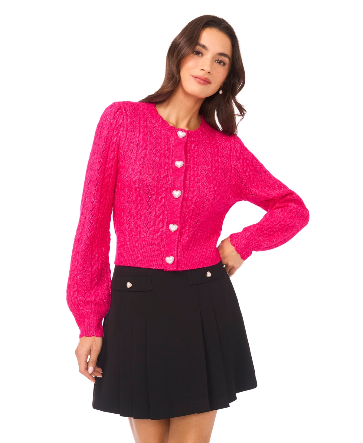Cece Women's Crewneck Heart Button Pointelle Cardigan Sweater In Pink