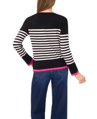 Women's Valentine's Crewneck Sailor Stripe Heart-Trim Long-Sleeve Sweater