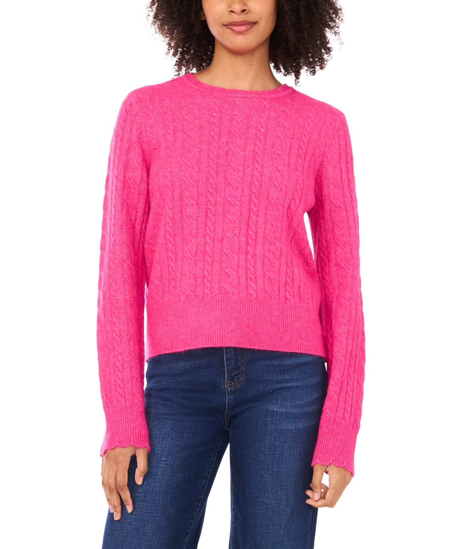 Women's Cable Long-Sleeve Crewneck with Scallop Edge Sweater