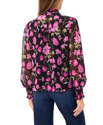 Women's Long-Sleeve Keyhole Bow Tie Smocked Cuff Top