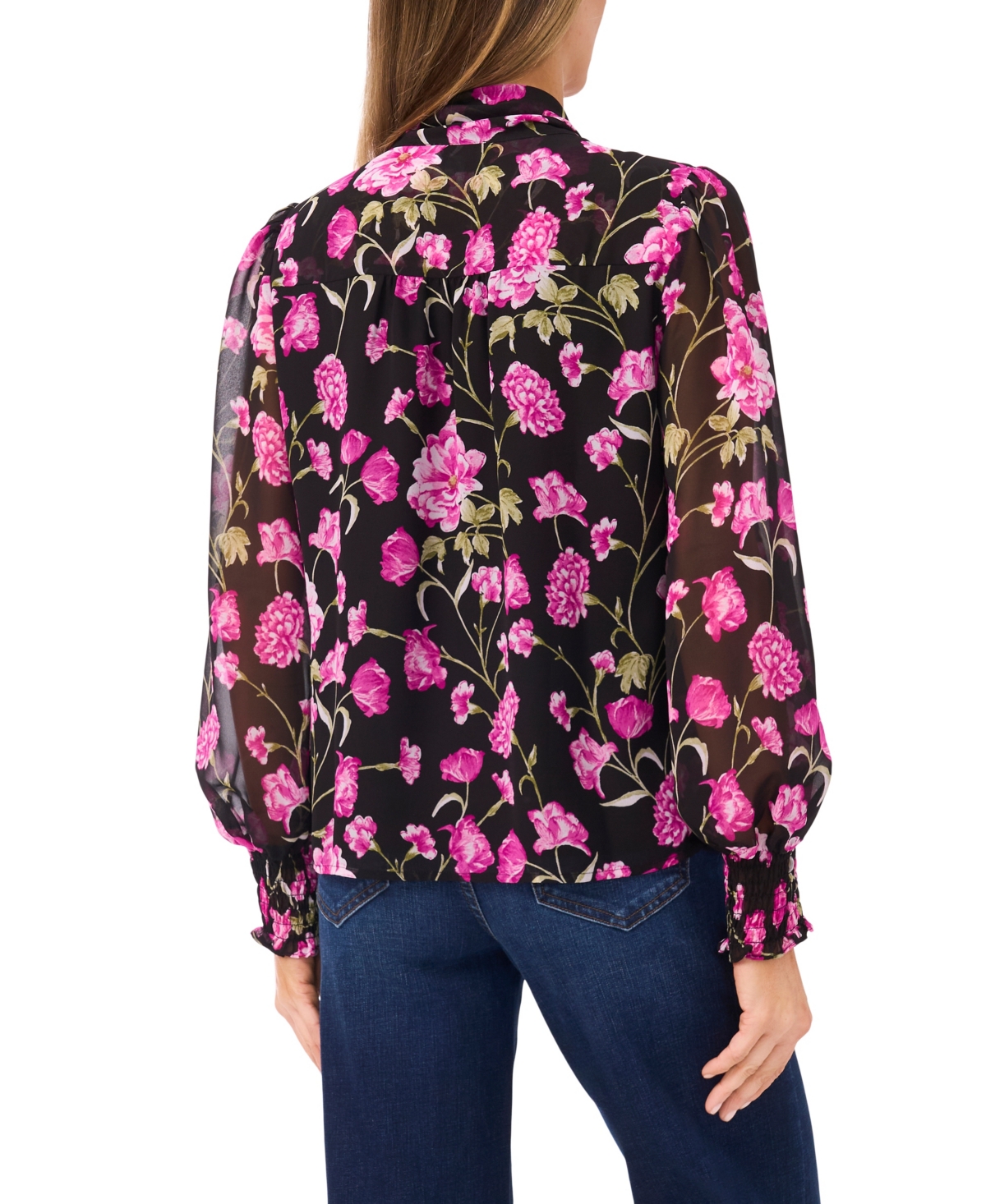 CeCe Women's Long-Sleeve Keyhole Bow Tie Smocked Cuff Top