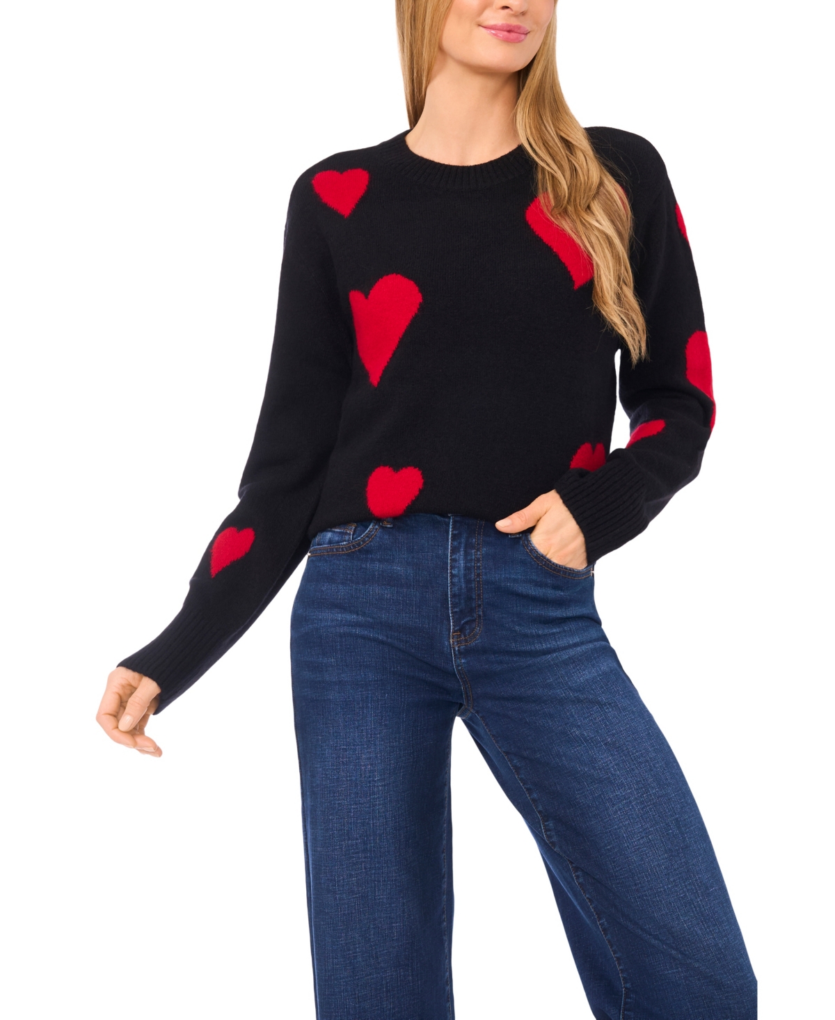 CeCe Women's Heart Jacquard Crewneck Sweater