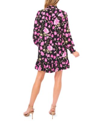 Women's Long-Sleeve Keyhole Bow Tie Mini Dress