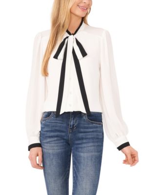 CeCe - Women's Long-Sleeve with Split Contrast Neck Tie Blouse